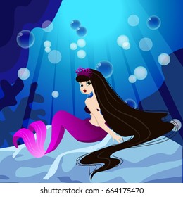 Vector background with an underwater world in a children's style. A mermaid is sitting on a rock. Wooden chest with gold on the bottom of the sea. Seabed in a cartoon style.