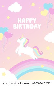 vector background with a unicorn, rainbow and balloons in cloudy sky for banners, cards, flyers, social media wallpapers, etc.