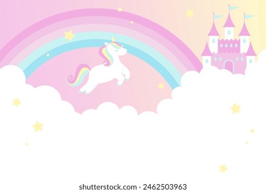 vector background with a unicorn, rainbow and castle in cloudy sky for banners, cards, flyers, social media wallpapers, etc.