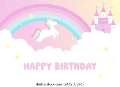 Fondo de Vector con un unicornio, arco iris y castillo en el cielo nublado para Anuncios, tarjetas, volantes, Fondos de pantalla de redes sociales, etc.