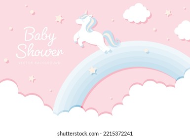 vector background with a unicorn and rainbow in the sky for banners, baby shower cards, flyers, social media wallpapers, etc.