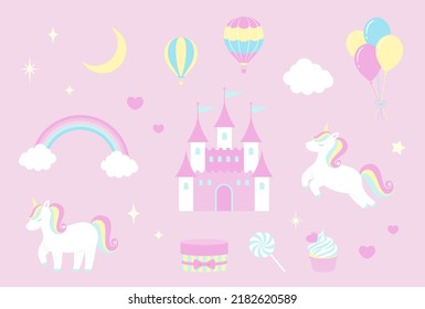 vector background with unicorns and a set of fairy tale themed icons for banners, cards, flyers, social media wallpapers, etc.