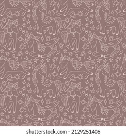 Vector background with unicorns and stars. Hand drawn in doodle style. Isolated on brown background, Kids, girls seamless pattern, digital paper
