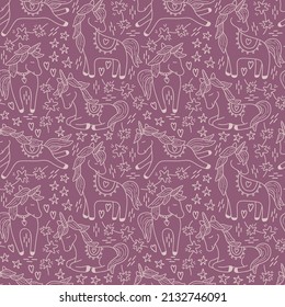 Vector background with unicorns and stars. Hand drawn in doodle style. Isolated on white background, Kids, girls seamless pattern, digital paper