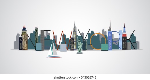 Vector background of the urban landscape of New York. Cityscape. Skyline.Letters.