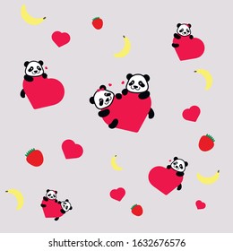 Vector background for Valentine's day. Cute pandas on hearts, strawberries and bananas. February 14. Valentine's day. Valentine to your loved one. Vector illustration for icon,logo, sticker, printable