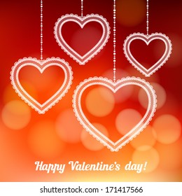 Vector background with Valentine's Day decoration for your design. Vintage lace hearts on defocus background. Invitation or greeting card