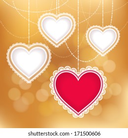 Vector background with Valentine's Day decoration for your design. Vintage lace hearts on defocus background. Invitation or greeting card