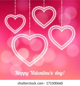 Vector background with Valentine's Day decoration for your design. Vintage lace hearts on defocus background. Invitation or greeting card