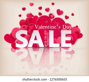 Vector background. Valentine's day sale offer. Red hearts with white lettering. Template for card, cover, flyers, brochures. Element for design, advertising, promotion 