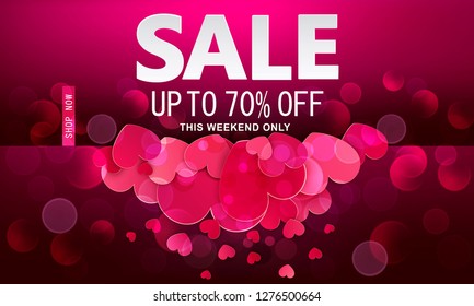 Vector background. Valentine's day sale offer. Red hearts with white lettering. Template for card, cover, flyers, brochures. Element for design, advertising, promotion 