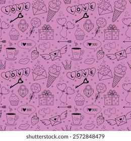 Vector background for Valentine's Day. Seamless pattern with cute cartoon valentine accessories for printing on fabric, textiles, gift wrapping paper, for weddings