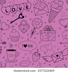 Vector background for Valentine's Day. Seamless pattern with cute cartoon valentine accessories for printing on fabric, textiles, gift wrapping paper, for weddings