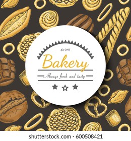 Vector background with various bakery products. Vector illustration for your design