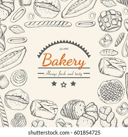 Vector background with various bakery products. Vector illustration for your design