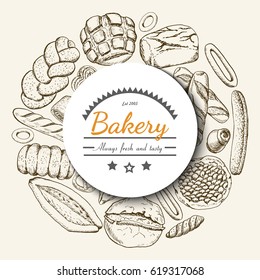 Vector background with various bakery products arranged in a circle