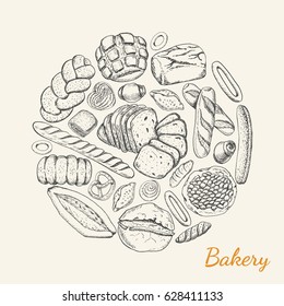 Vector background with various bakery products arranged in a circle. Vector poster with a in a sketch style