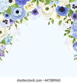 Vector background with various blue and white flowers and green leaves.