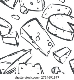 Um fundo vetorial com vários queijos: Swiss, Camembert macio, Parmesan, Brie, Gouda e Cheddar. Padrão sem costura desenhado à mão apresenta queijo de fazenda. Ele imita um esboço rápido de tinta e pincel.