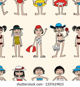 Vector background of various girls for beach rest