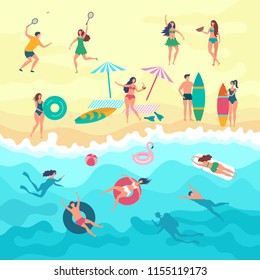 Vector background with various peoples male, female and kids playing on the beach. Summer outdoor activities. Sand beach and people on vacation sea illustration