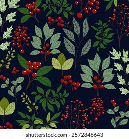 vector background of various plants, leaves, berries and fruits
