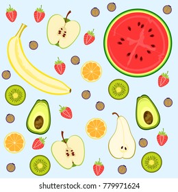 Vector background of various simple fruits cut in half.