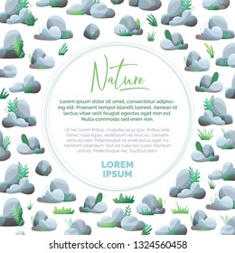 Vector background of various stones. Grey rocks with grass and leaves on white background. Flat illustration with modern noise texture, lights and shadows. There is copy space for your text.