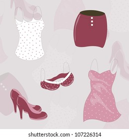 Vector background with various women's clothing and shoes