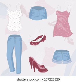 Vector background with various women's clothing and shoes