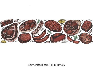 Vector background with veal meat. Color illustration