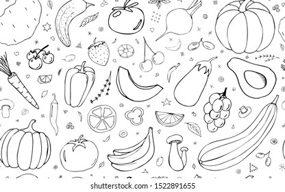 Vector  background with vegetables, fruits and berries. Useful for packaging, menu design and interior decoration. Hand drawn doodles. Seamless pattern vegetarian elements on a white background.