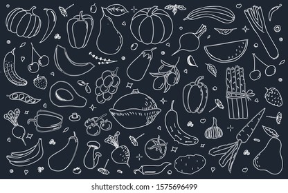 Vector background with vegetables, fruits, berries and mushrooms. Useful for packaging, menu design and interior decoration. Hand drawn doodles. Imitation of chalk board with food elements on a black 