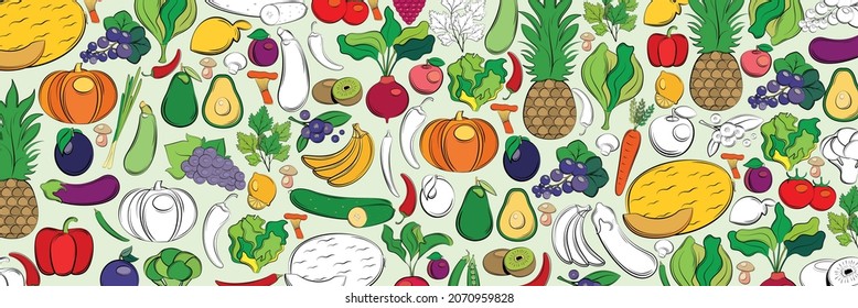 Vector background with vegetables and fruits on a light background. Line art style.