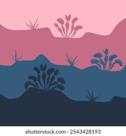 Vector background with Venus flytrap and grass. Color illustration with silhouettes and layers.