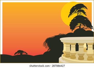 Vector background. Veranda of the hotel on an exotic background sunset.