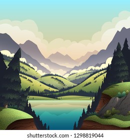 Vector background with vibrant cartoon illustrations of mountain ridges, forest and lake.