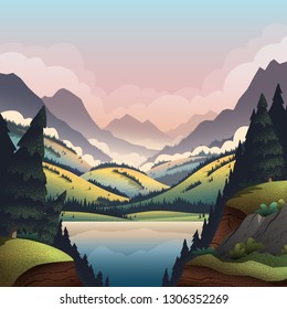 Vector background with vibrant cartoon illustrations of mountain ridges, forest and lake at the summertime.