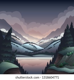 Vector background with vibrant cartoon illustrations of mountain ridges, forest and lake.
