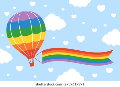 vector background with vibrant rainbow hot air balloons and clouds in the sky for LGBTQ Pride Month