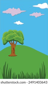 vector background view of green hills and clouds