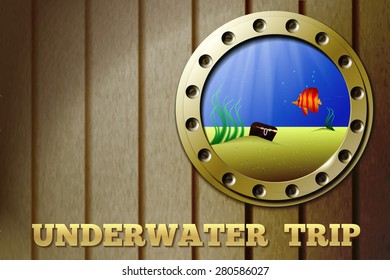 Vector background with a view of the underwater world through a porthole