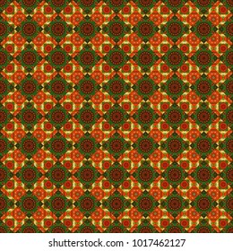 Vector background. Vintage abstract mandala colorful seamless pattern in brown, orange and green colors.