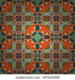 Vector background. Vintage abstract mandala colorful seamless pattern in orange, green and gray colors.