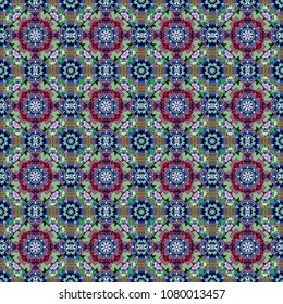 Vector background. Vintage abstract mandala colorful seamless pattern in green, black and blue colors.