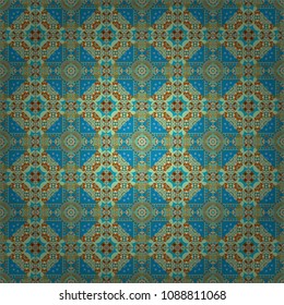 Vector background. Vintage abstract mandala colorful seamless pattern in brown, blue and green colors.