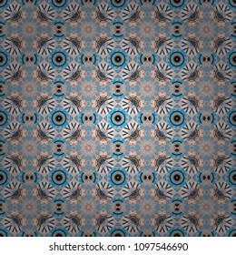 Vector background. Vintage abstract mandala colorful seamless pattern in blue, pink and gray colors.