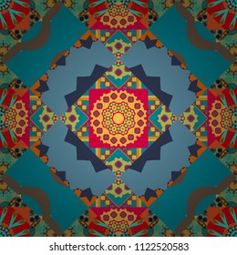 Vector background. Vintage abstract mandala colorful seamless pattern in brown, pink and blue colors.