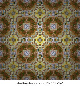 Vector background. Vintage abstract mandala colorful seamless pattern in blue, brown and yellow colors.