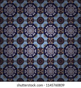 Vector background. Vintage abstract mandala colorful seamless pattern in brown, black and blue colors.